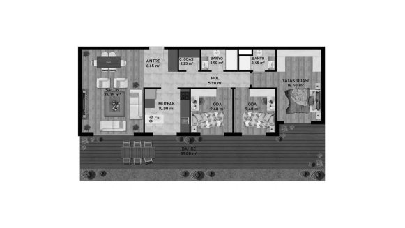 Apartment floor plan, 3 bedrooms in Coolest No. 11010 (2D)